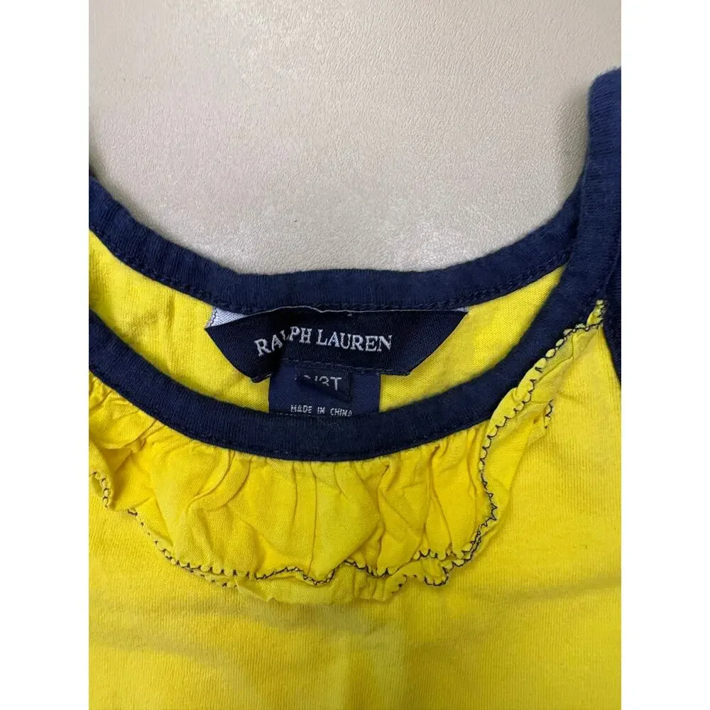 Ralph Lauren Girls Yellow Tank Top 3/3T Navy Trim Ruffle Pony Logo EUC